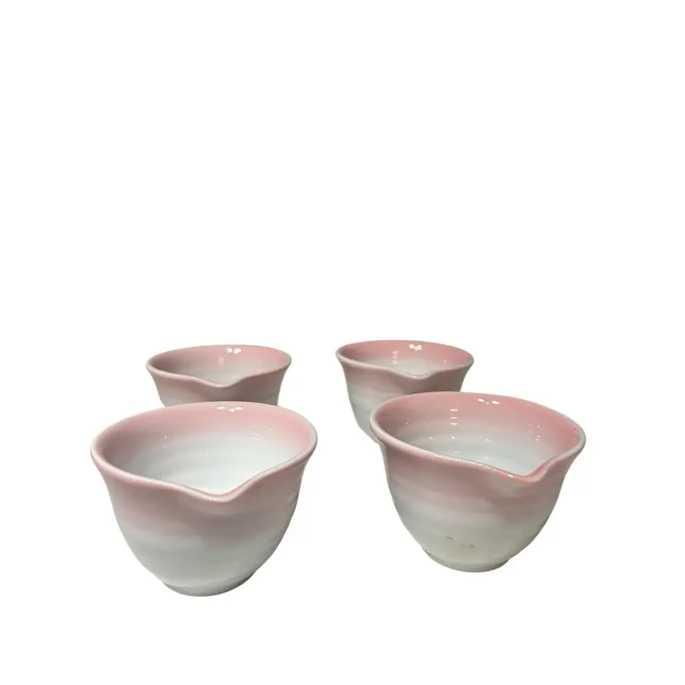 Lot of Four Small Ceramic Spouted Matcha Bowls Pink/White